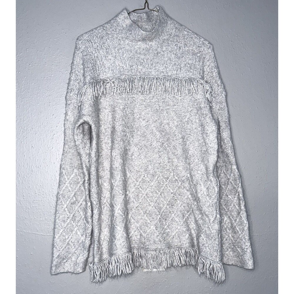 Sonoma Women’s gray Knit Turtleneck Boho Sweater L Fringe Hem Textured Cozy